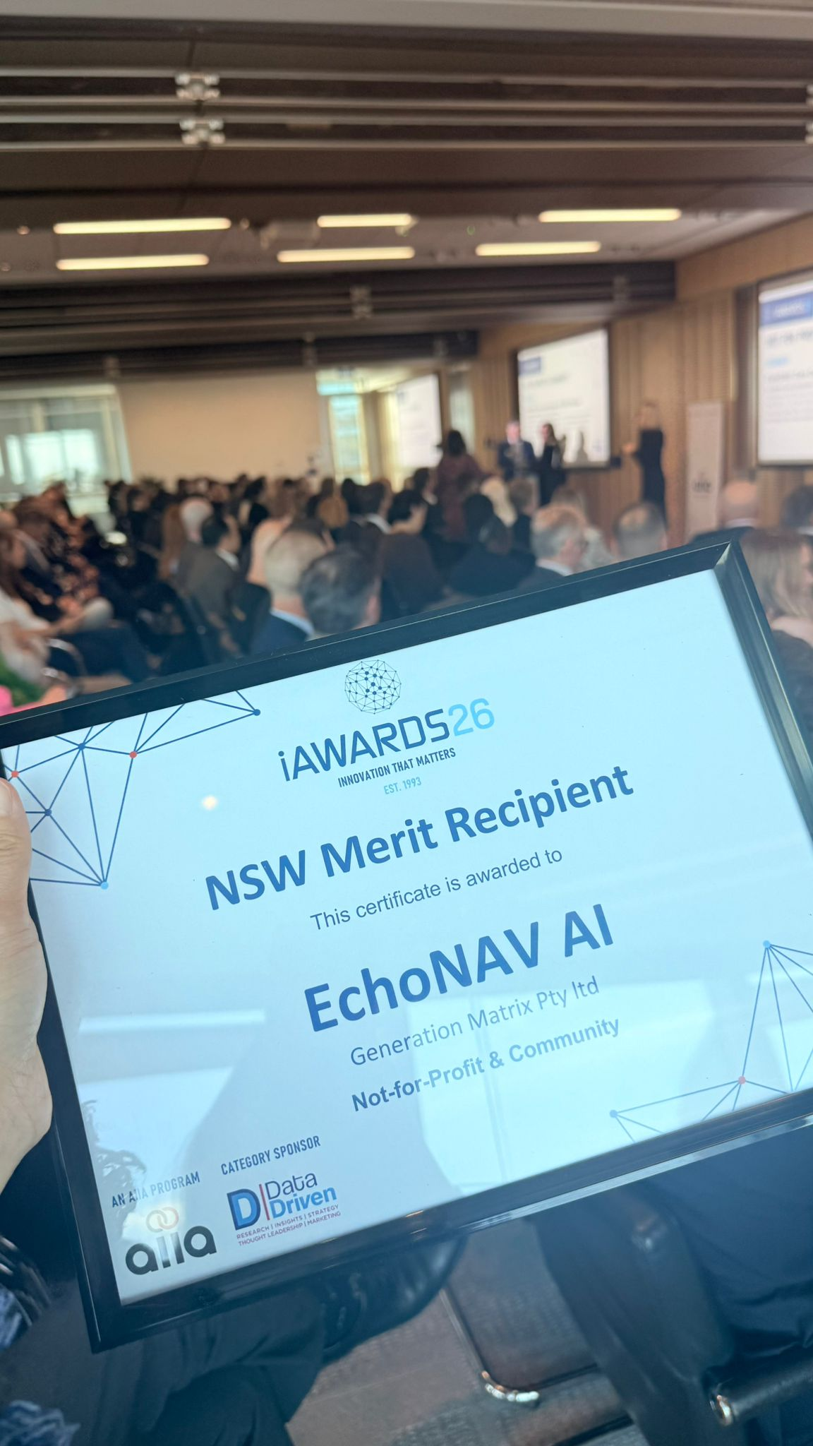 EchoNav AI iAwards NSW Merit certificate